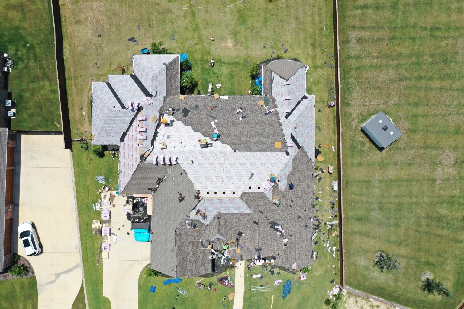 Aerial view of roofing installation